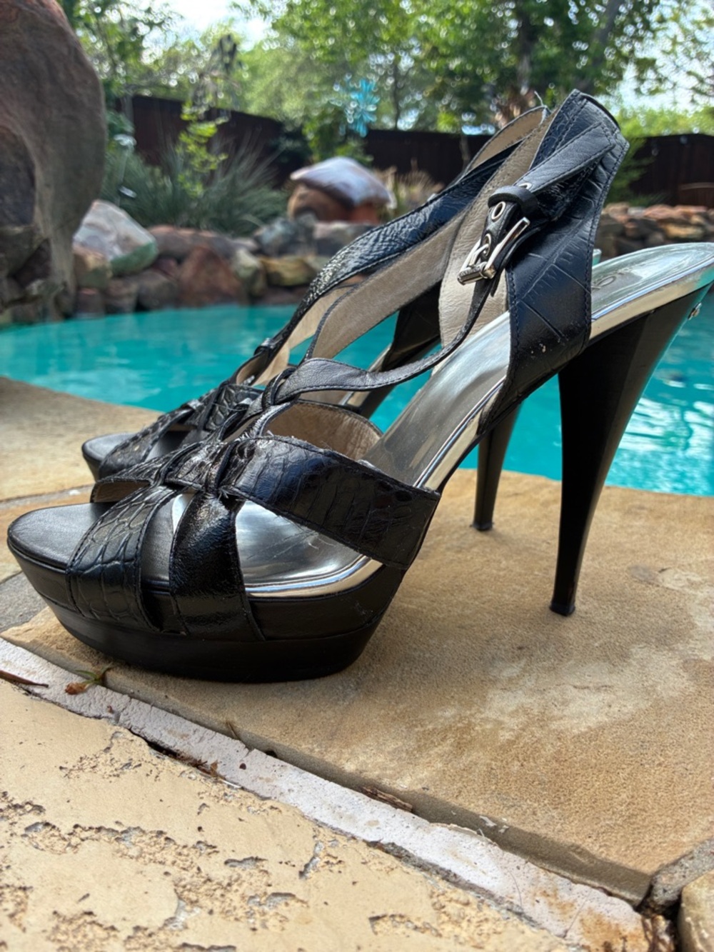 MICHAEL Michael Kors Black Croc-Embossed Platform Slingback Heels - Picture 2 of 16